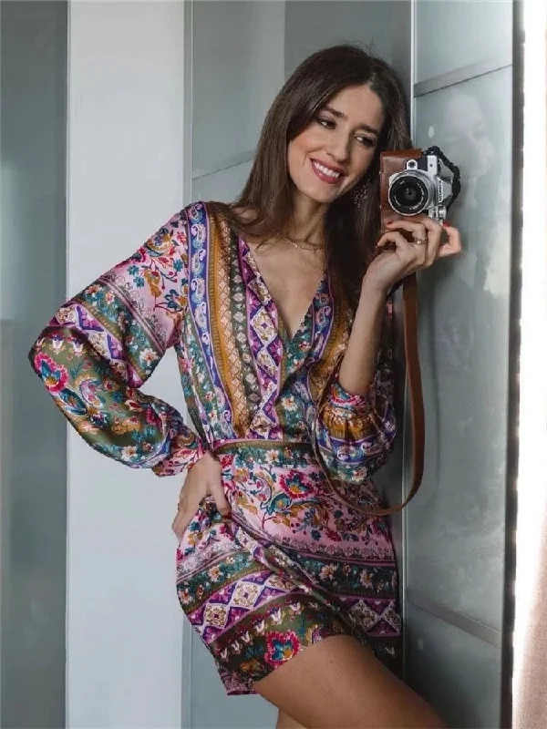 New Elegant Vintage Print Long Sleeve Mini Dress CODE: KAR1499 Stylish Spaghetti Strap Mini Dress