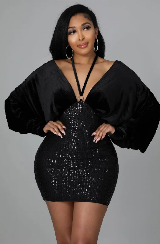 New Solid Bandage Sequins Batwing Sleeve Sexy Celebrity Party Mini Dress CODE: KAR1482 Classic Black Mini Dress