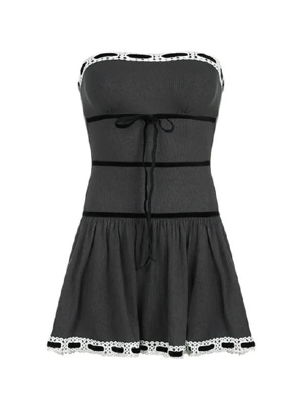Off Shoulder Ribbon Trim Lace Up Slim Mini Dress Trendy Crossover Mini Dress