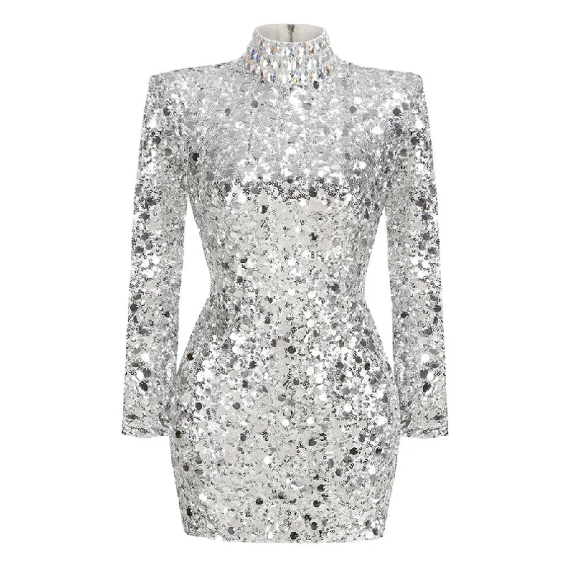 Opulent Rhinestone High Neck Long Sleeve Embellished Sequin Mini Dress Trendy Tulle Mini Dress