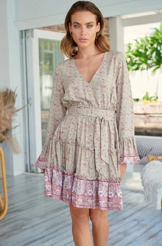 Paloma Dress - Light Khaki with Pink
