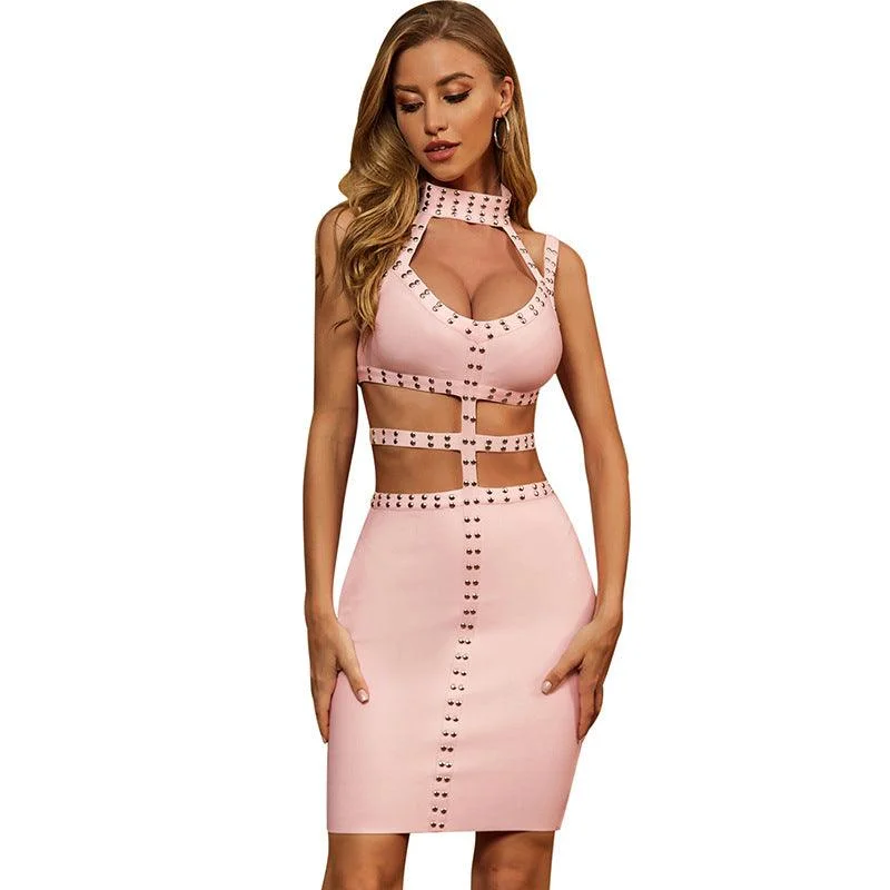 Pink Hollow Out Party Bandage Sleeveless Mini Dress Classic Casual Mini Dress