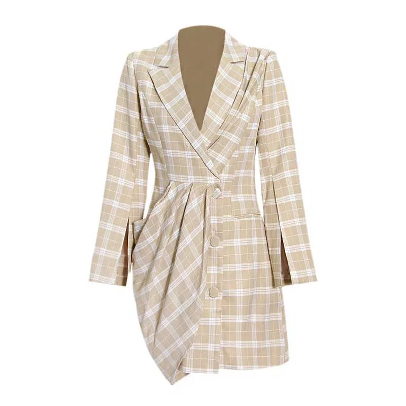 Plaid Irregular Dress Long Sleeve High Waist Ruched Colorblock Mini Dresses Chic Halter Mini Dress