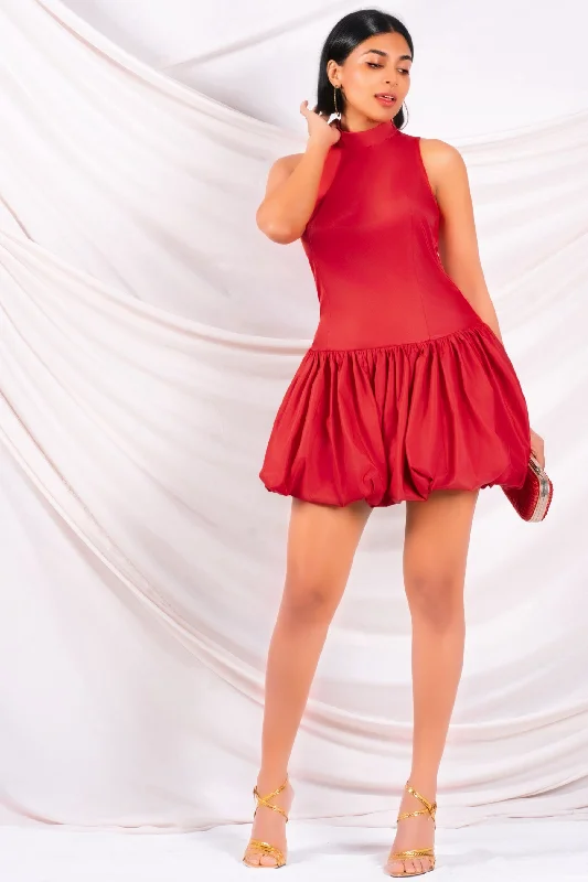 Red High Neck Puff Mini Dress Fashionable Party Mini Dress