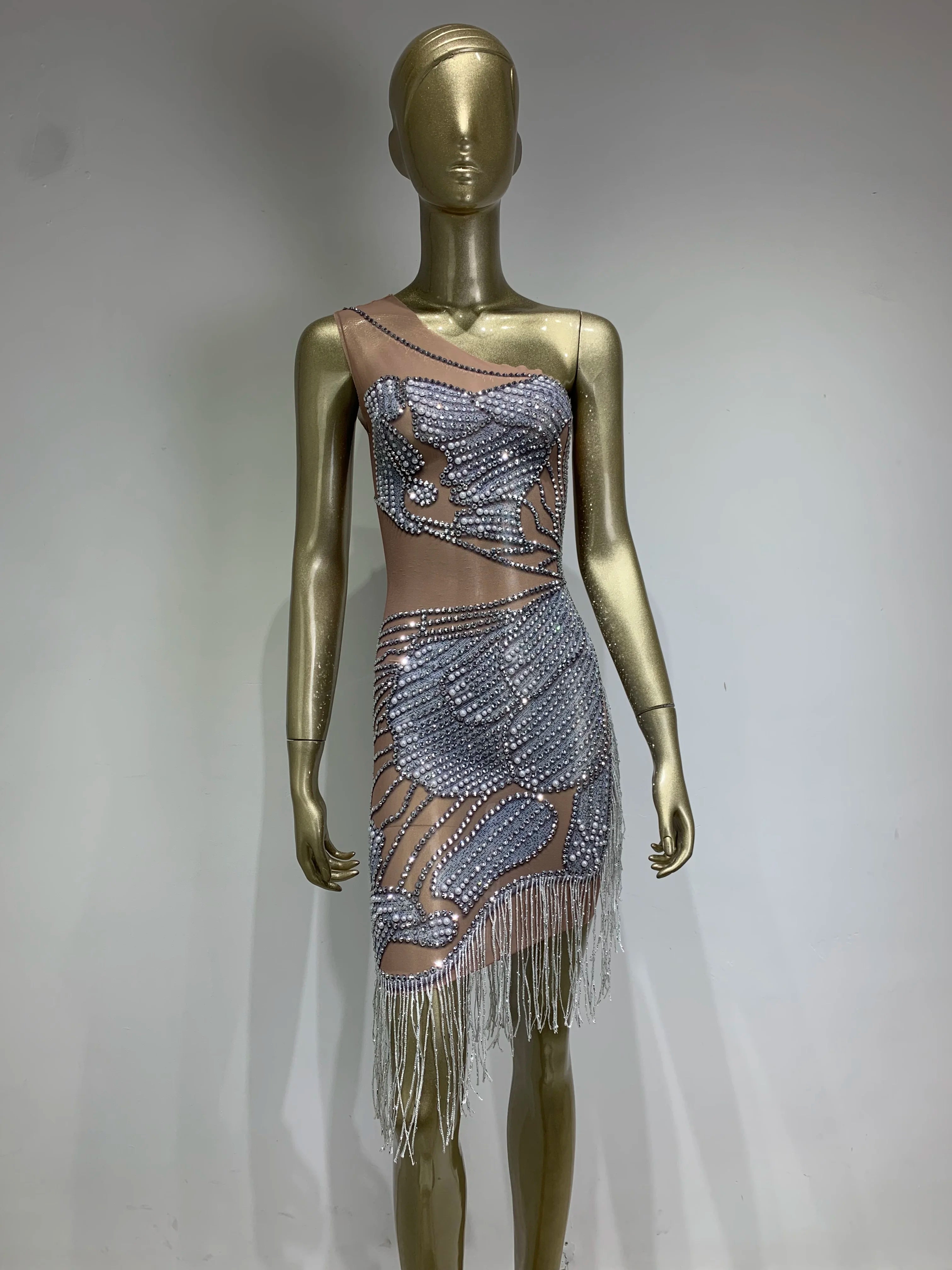 Rhinestones Tassels Sleeveless Mini Dress Elegant Mini Dress with Pleats