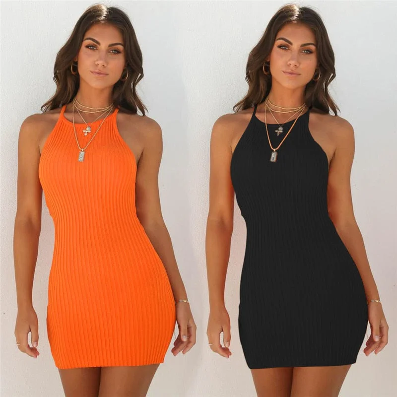 Ribbed Dress Women Summer Dress Sexy Sleeveless Sling Bodycon Dress Fashion Solid Color Mini Dress Elegant Office Lady Clothing Stylish Short Sleeve Mini Dress