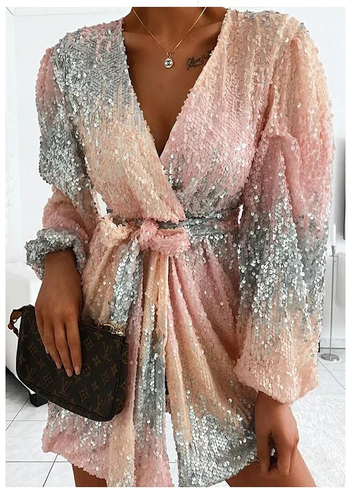 Sexy Color Sequined High Waist Long Sleeve V-neck Lace up Mini Dress CODE: KAR1793 Trendy Floral Mini Dress
