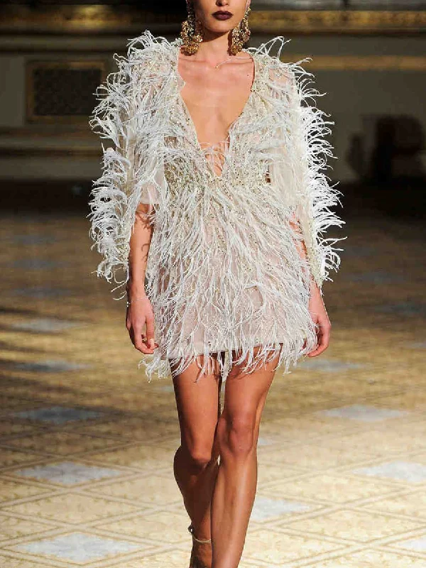 Sexy V-neck Feather Mini Dress Stylish Summer Mini Dress