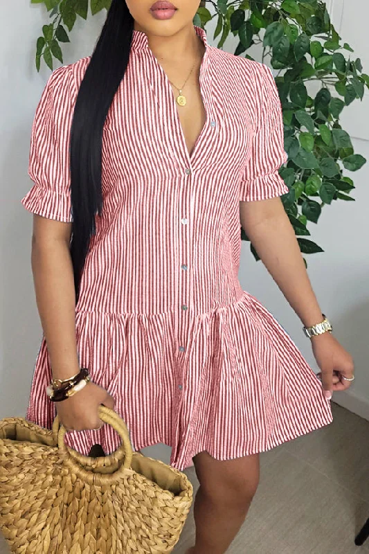 Striped Puff Sleeve Ruffle Mini Dress Classic White Mini Dress