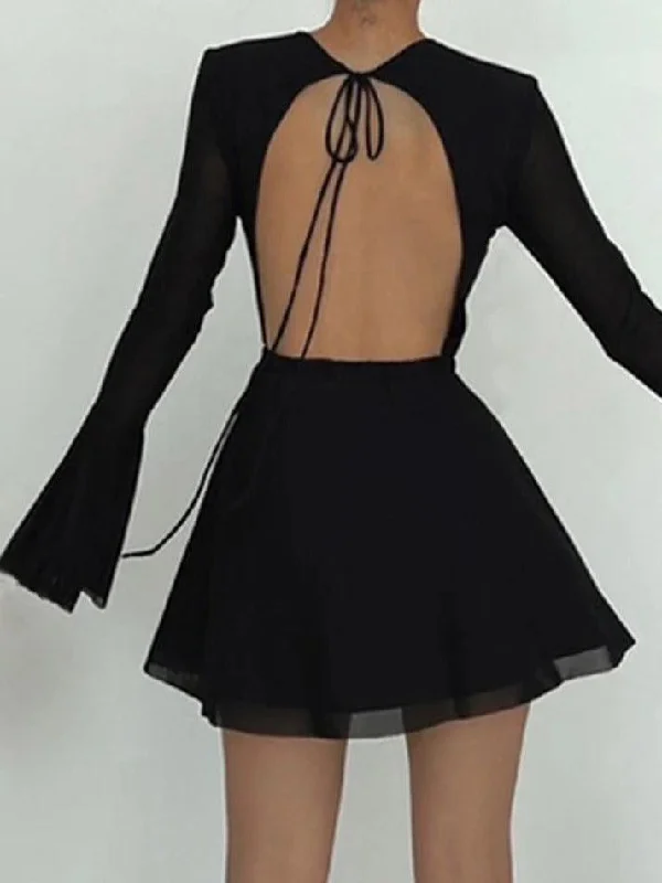 Solid Color Mesh Splice Backless Flare Sleeve Mini Dress Fashionable Denim Mini Dress