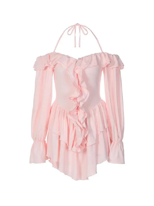 Solid Halter Ruffled Trim Mini Dress Elegant Tulle Mini Dress