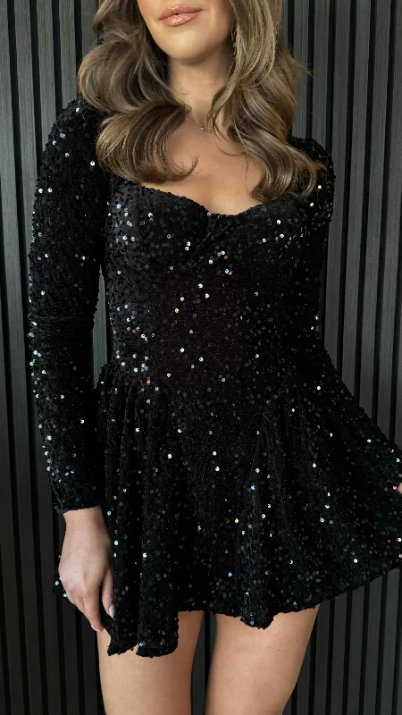 Spencer Black Sequin Sweetheart Neckline Mini Dress Fashionable Denim Mini Dress