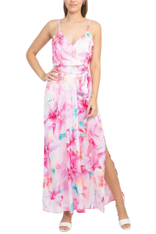 Tahari ASL V-Neck Spaghetti Strap Tie Waist Zipper Back Multi Print Slit Side Satin Dress