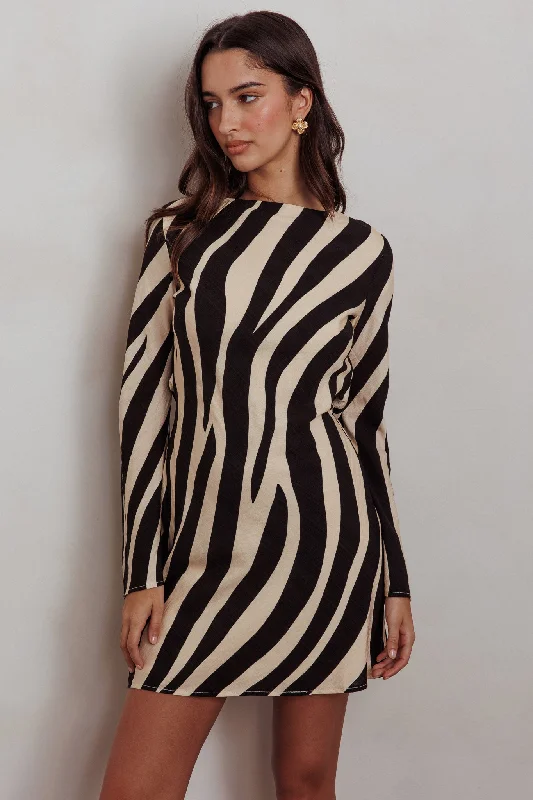 Thriller Long Sleeve Backless Mini Dress Zebra Comfortable Zip-Up Mini Dress