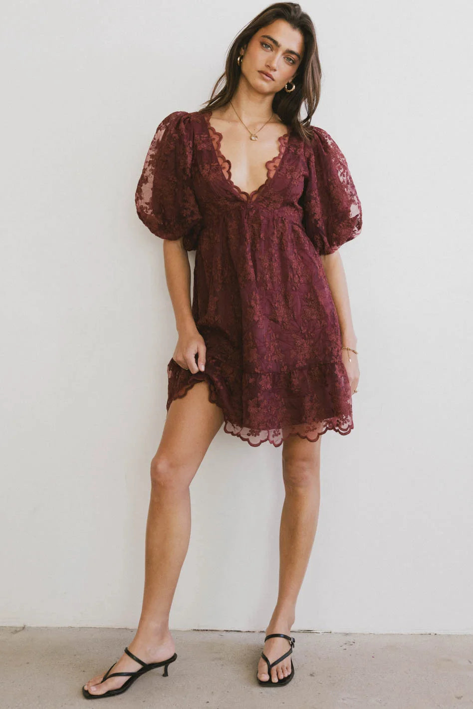 Tiana Embroidered Mini Dress in Red-Brown Cozy Wraparound Mini Dress