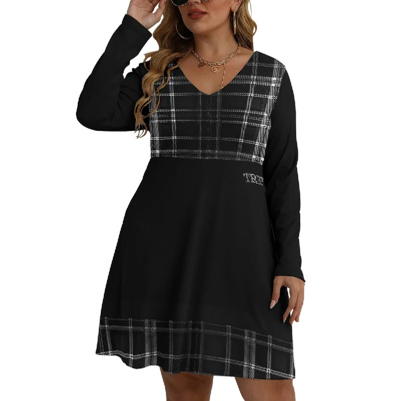 TRP Twisted Patterns 06: Digital Plaid 01-06B Designer V-neck Long Sleeve Flared Plus Size Mini Dress Elegant Velvet Mini Dress