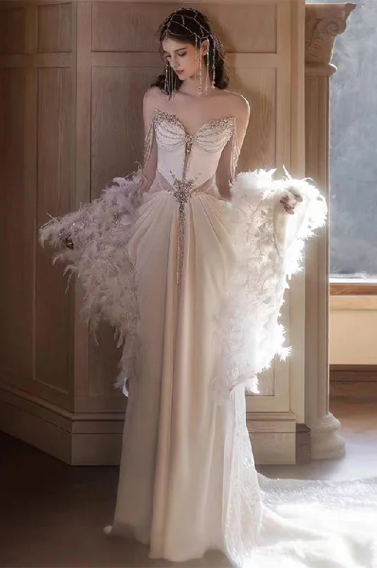 V-neck Sheath Satin Gown With Feather Carpet, Luxury Beaded Shimmering Gown, Formal Dresses, Evening Dresses