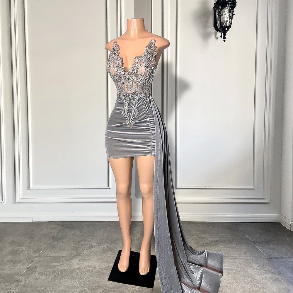 Velvet Sequin V-neck Sheer Beaded Mini Dresses Fashionable Lace-Trim Mini Dress