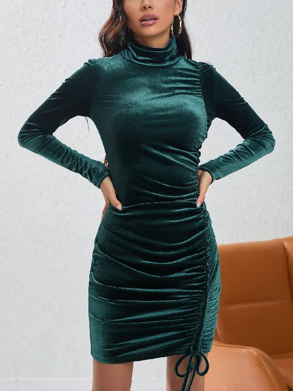 Velvet Turtleneck Long Sleeve Ruched Drawstring Bodycon Mini Dress (Blackish Green/Black) Fashionable Mini Dress with Slits