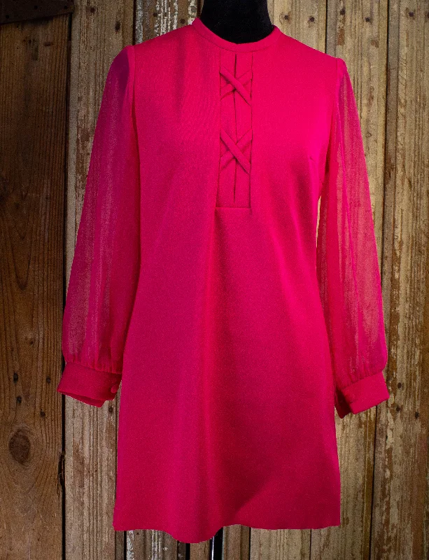 Vintage Fuchsia Sheer Sleeve Mini Dress 1970s M Stylish Sweetheart Mini Dress