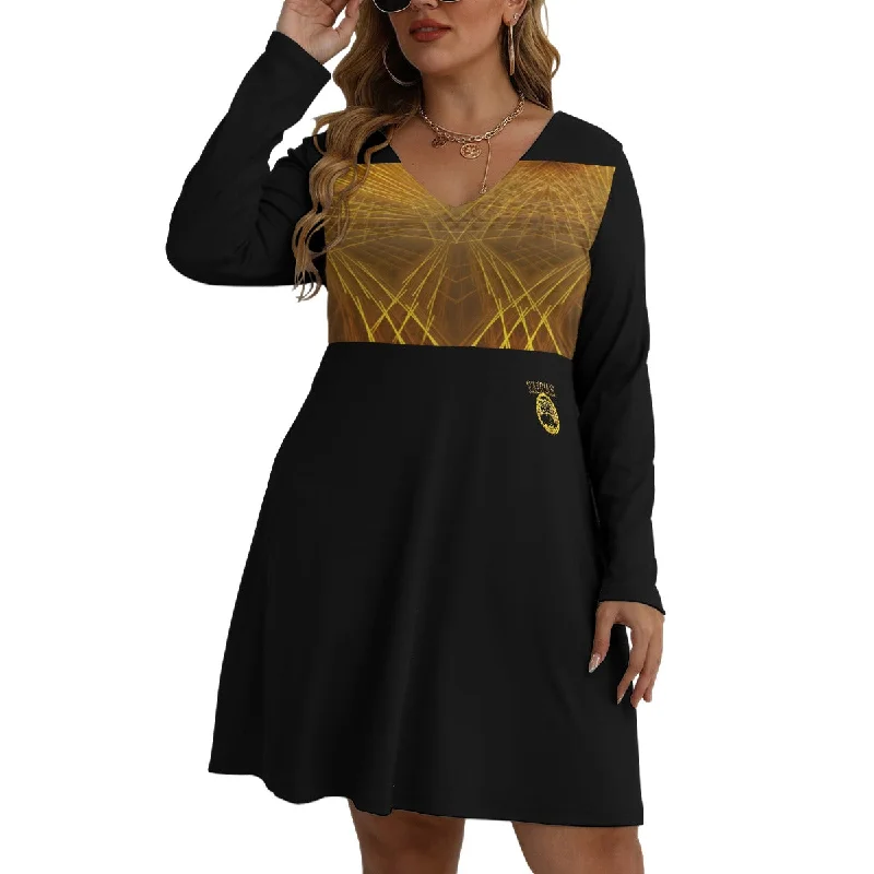 Yahuah-Tree of Life 02-03 Voltage Designer V-neck Long Sleeve Flared Plus Size Mini Dress Cozy Sweater Mini Dress