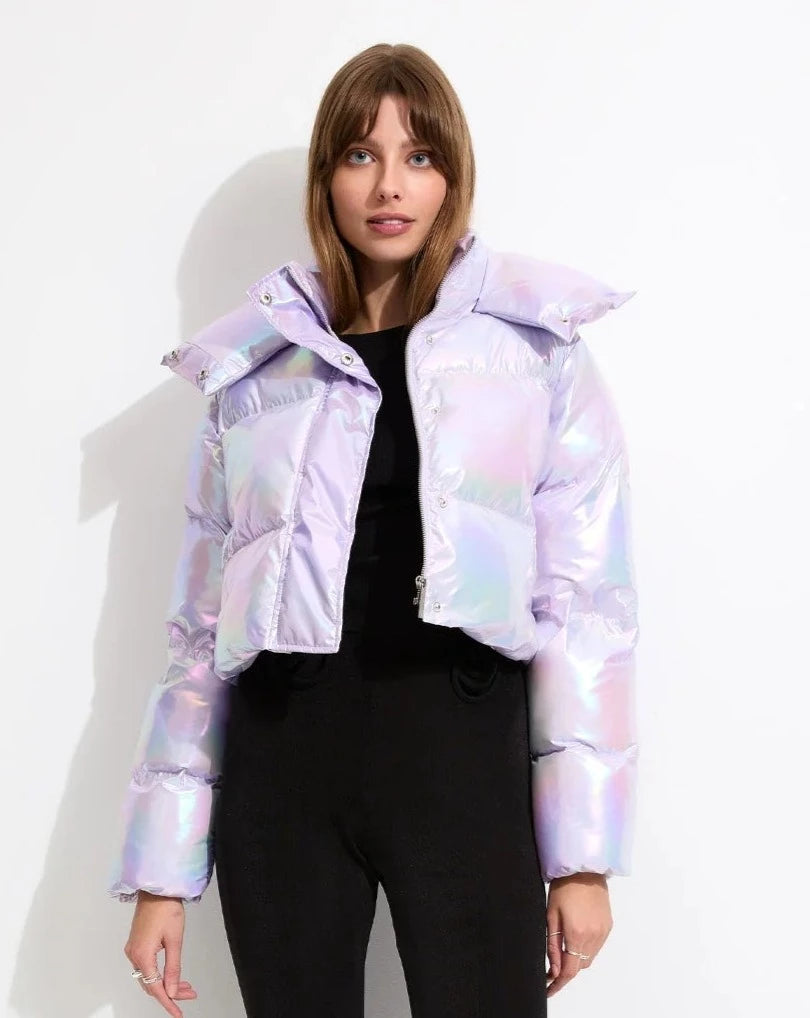 Fractals Puffer Jacket | Frosted Lilac Welt Pockets Slit Pockets Flap Pockets