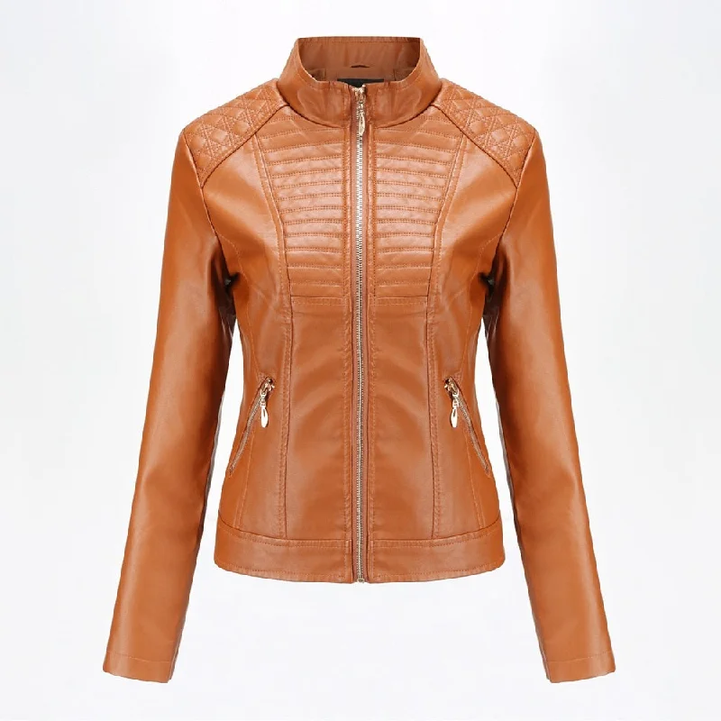 2019 Spring Autumn black leather jacket women biker jacket leather coat women Good Quality Womens PU faux leather  yellow Beige Fitted Jacket Loose Jacket Oversized Jacket