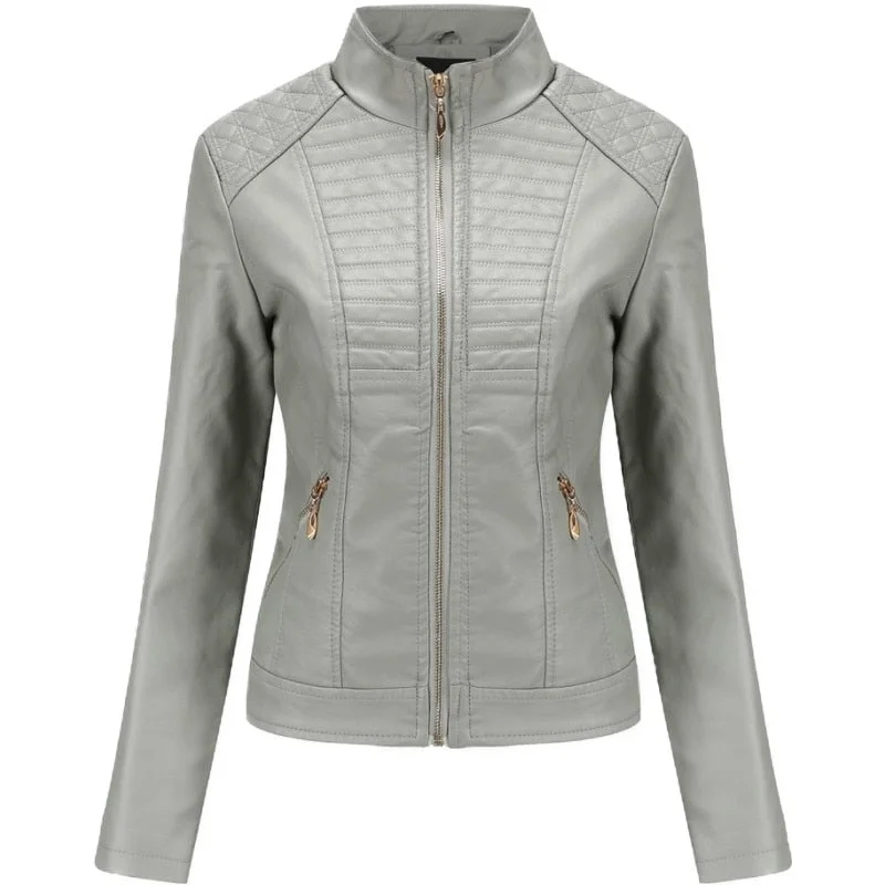 2020 autumn women casual PU leather jackets plus size solid stand collar slim female biker jacket zipper outwear leren jas dames Embroidered Jacket Appliqued Jacket Beaded Jacket