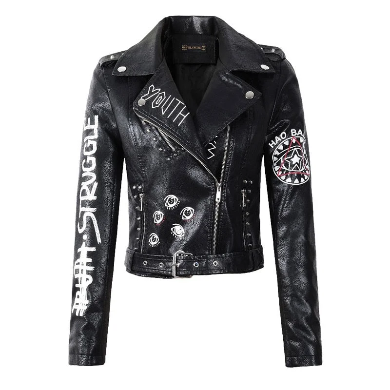 2020 New Autumn Women Winter Faux Soft Leather Jackets Coats Lady Black PU Rivet Zipper Epaulet 3D print Motorcycle Streetwear Notch Collar Jacket Peter Pan Collar Jacket Cowl Neck Jacket