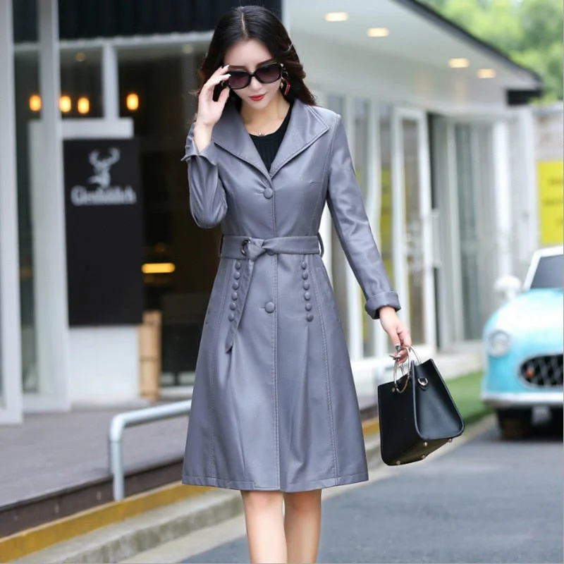 2022 Autumn Winter Women Faux Leather Jacket New Female Fashion Solid Turn Collar Single Breasted Button Belt Decoration Coat Striped Jacket Polka Dot Jacket Floral Jacket