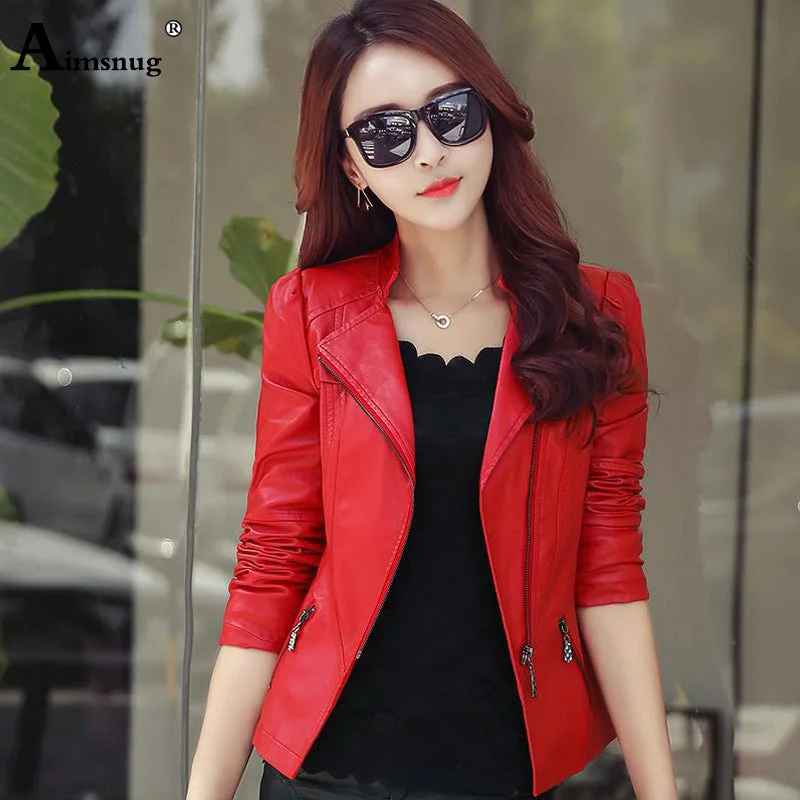 Aimsnug Faux Pu Leather Jacket Women Red Black 2019 Autumn Outerwear Pockets Zipper Office Lady Coat Slim Ladies Biker Jackets Anorak Shell Jacket Lightweight Jacket