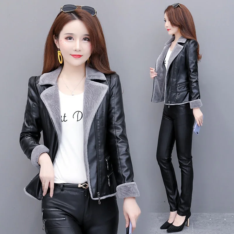 Autumn Winter Women Faux Fur Coat pu Leather tops Short Warm Plush Thick Outerwear Ladies padded Fur locomotive Leather Jackets Knit Jacket Woven Jacket Fleece Jacket