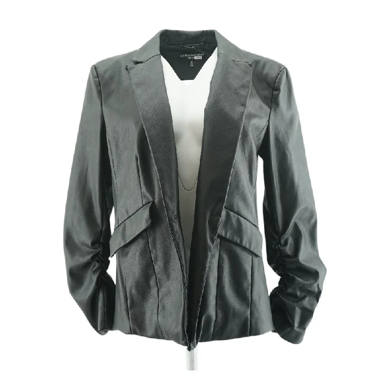 Black Solid Faux Leather Jacket Notch Collar Peter Pan Collar Cowl Neck