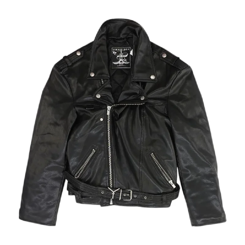 Black Solid Leather Jacket Bomber Jacket Anorak Windbreaker