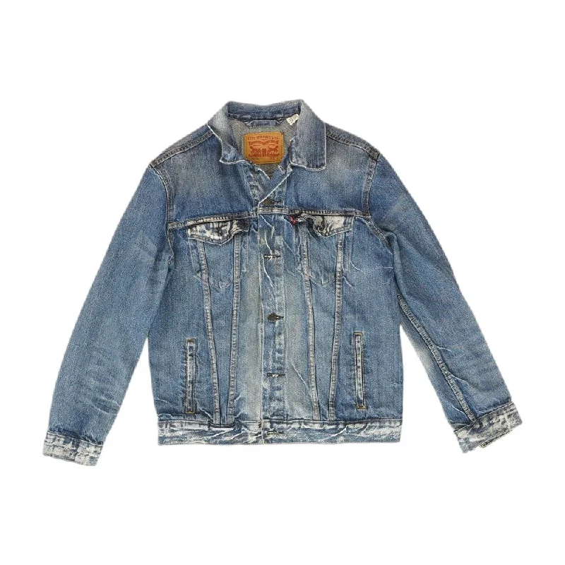 Blue Solid Denim Jacket Front Pockets Side Pockets Patch Pockets
