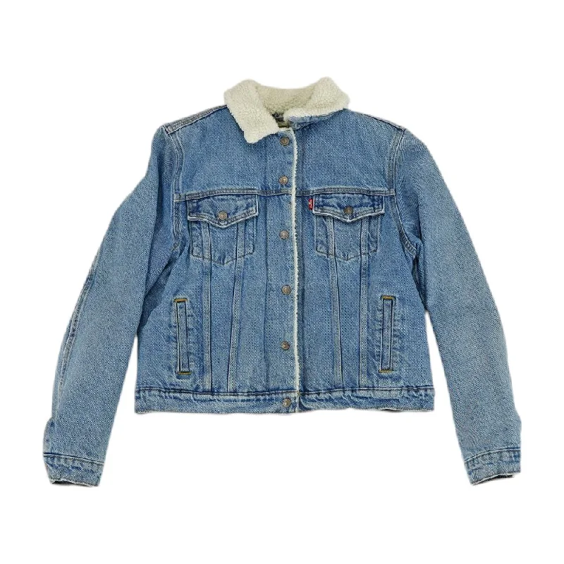 Blue Solid Denim Jacket Welt Pockets Slit Pockets Flap Pockets