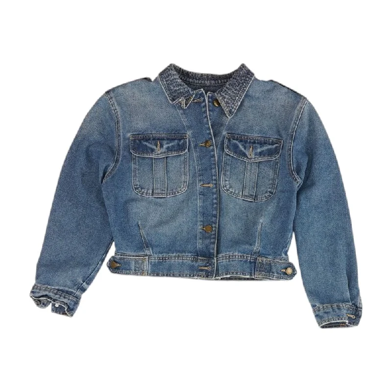 Blue Solid Denim Jacket Snapped Jacket Toggled Jacket Drawstring Jacket