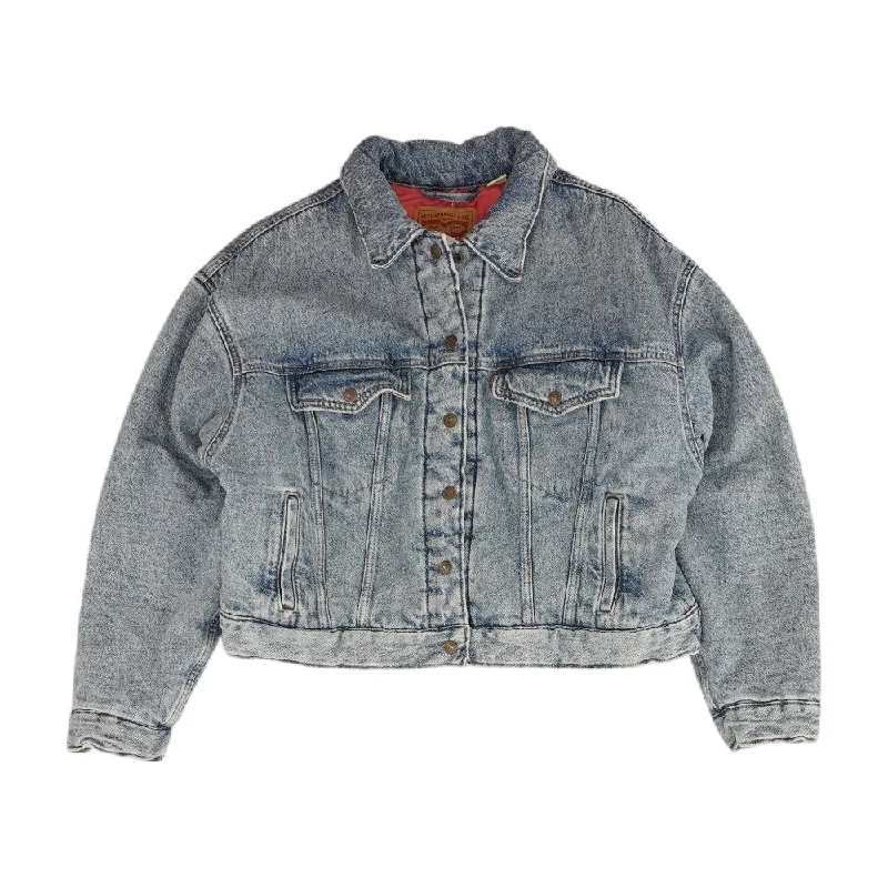 Blue Solid Denim Jacket Zip Front Button Front Snap Front