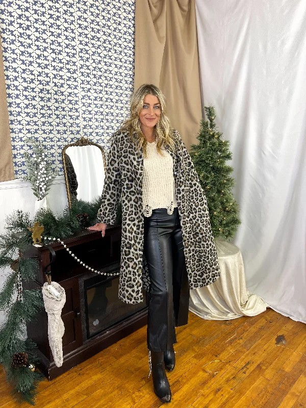 Brushed Leopard Long Line Jacket with Pockets Hoodie Zip-Up Jacket Button-Up Jacket