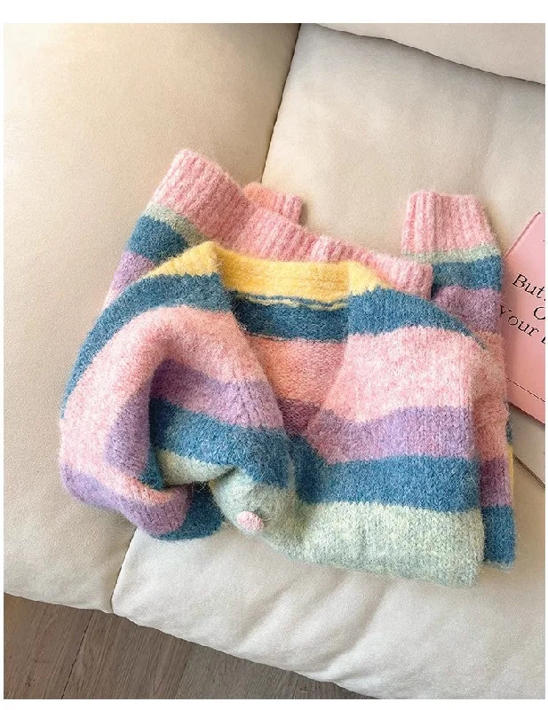 Candy color V-neck rainbow sweater jacket for women knitted cardigan      S4907 Elasticated Jacket Padded Jacket Insulated Jacket