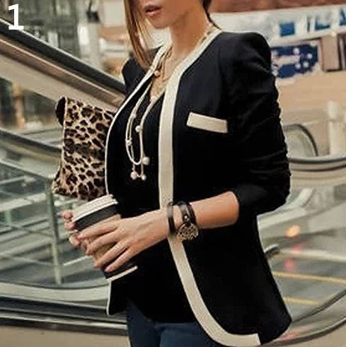Explosive models of women's jackets on behalf of the Korean version of the black and white striped color matching slim suits Denim Jacket Leather Jacket Suede Jacket