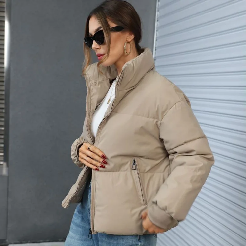 Fashion Ins Style Bread Coat Women's Solid Color Stand Collar Loose Warm Down Jacket Winter Slim Casual Short Coat Striped Jacket Polka Dot Jacket Floral Jacket