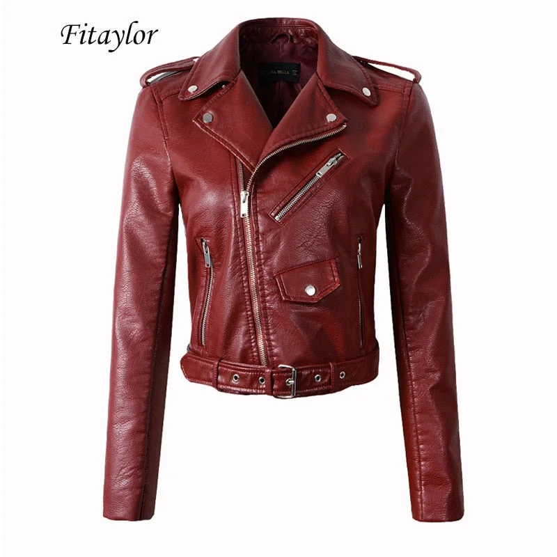 Fitaylor Women Wine Red Faux Leather Jackets Lady Pu Leather Jacket Bomber Motorcycle Biker Pink Black Outerwear With Belt Print Jacket Jacquard Jacket Patchwork Jacket