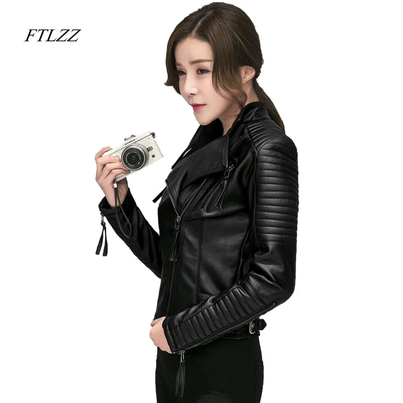 FTLZZ New Spring Autumn Women Faux Soft Leather Jackets Pu Black Blazer Zippers Coat Motorcycle Outerwear Biker Jacket Cardigan Sweater Pullover