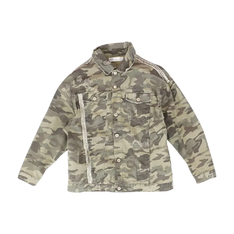 Green Camo Denim Jacket Zippered Front Buttoned Front Snap Front