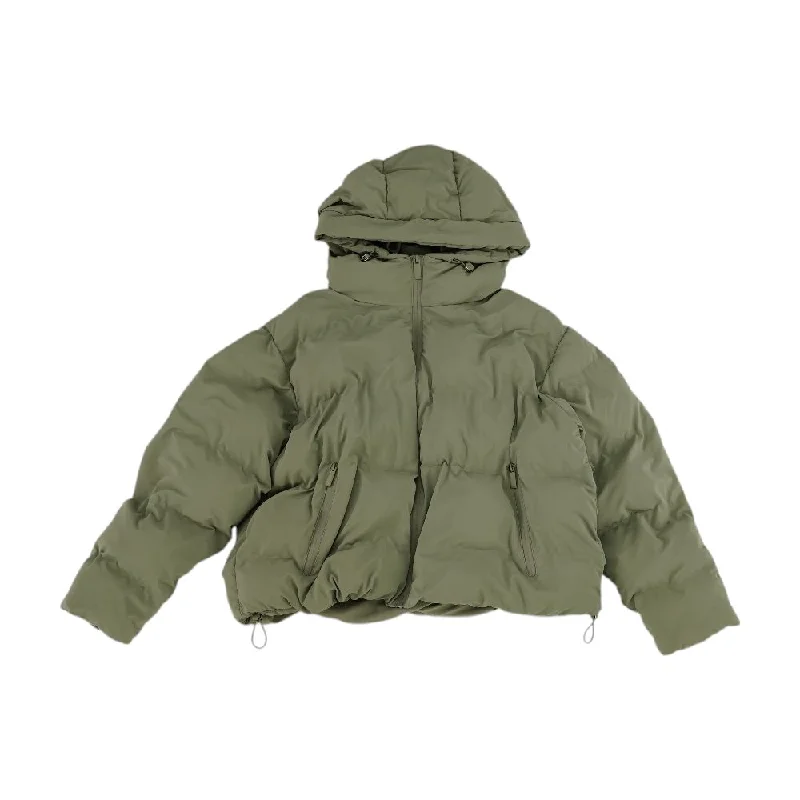 Green Solid Puffer Jacket Trench Coat Raincoat Waterproof Jacket