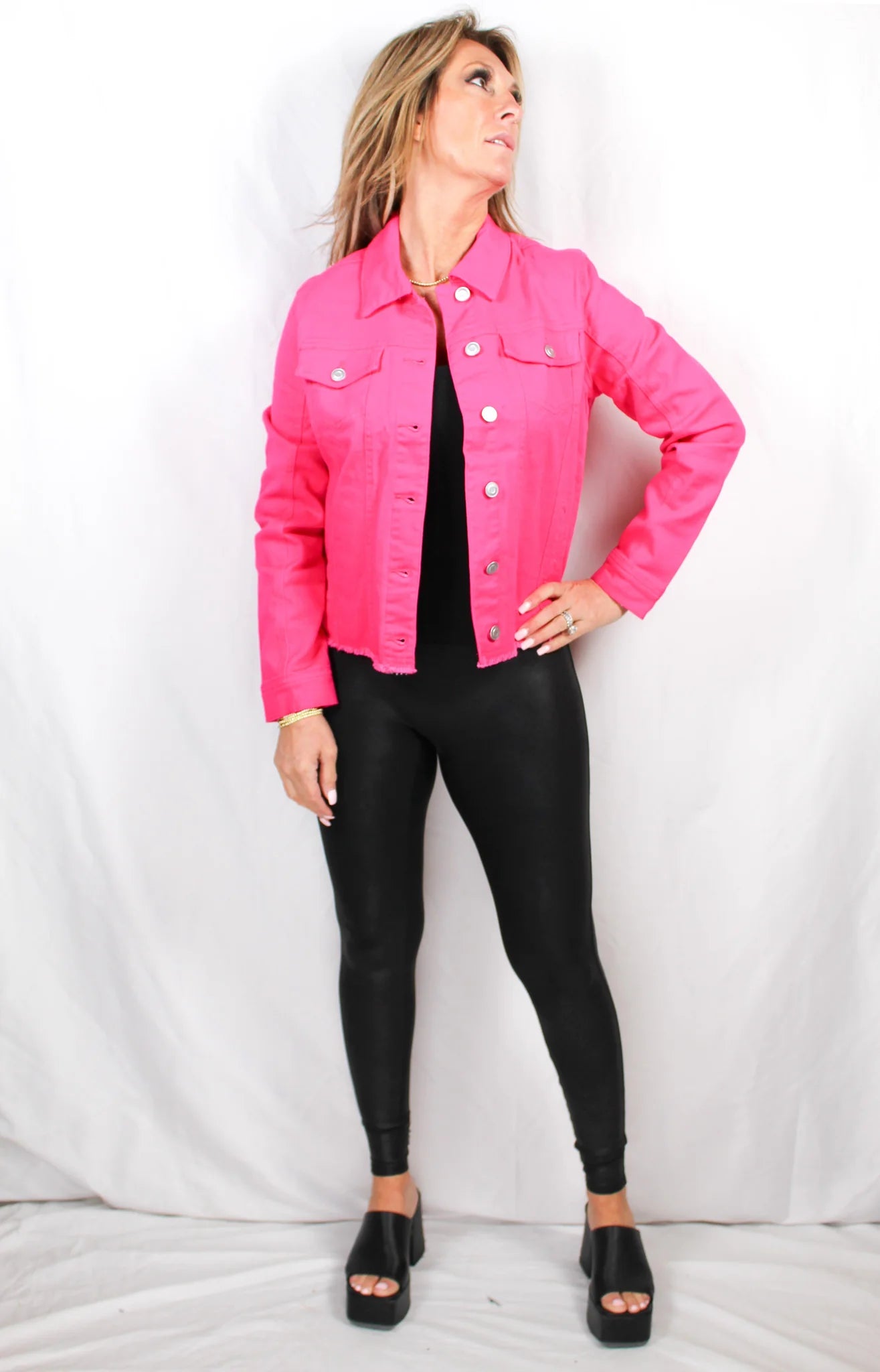 Hot Pink - Denim Fray Hem Trucker Jacket Satin Fabric Silk Fabric Chiffon Fabric