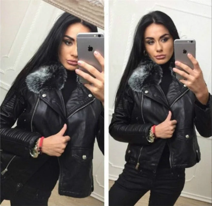 Ladies' Black Leather Jackets 2018 New Autumn Winter Faux Lambs Warm Pvc Coat Woman Slim Long Sleeved Motorcycle Bikers Jacket Denim Jacket Leather Jacket Suede Jacket