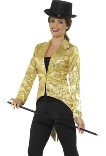 Ladies Gold Sequin Tailcoat Jacket Front Pockets Side Pockets Patch Pockets