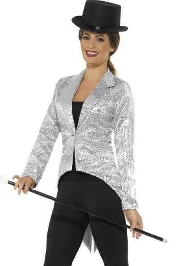 Ladies Silver Sequin Tailcoat Jacket Notch Collar Peter Pan Collar Cowl Neck